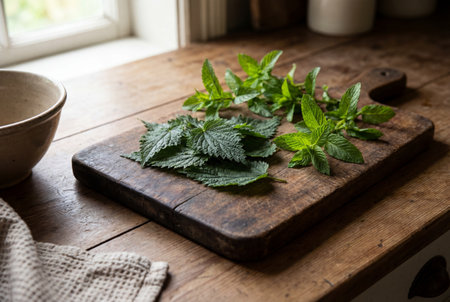 Freshly harvested stinging nettle leaves and bright green mint sprigs rest on a distressed wooden cutting board on a kitchen counter illuminated by soft natural daylight.の素材