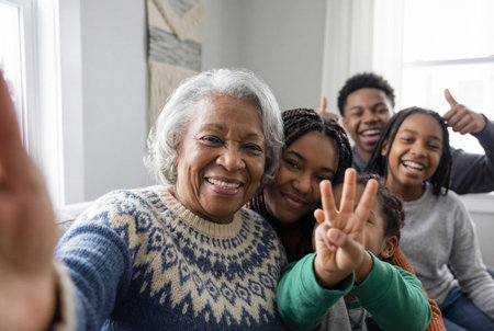 A happy multi generational african american family is taking a close up selfie together indoors at home, smiling and making hand gestures, showing joy and togetherness.の素材