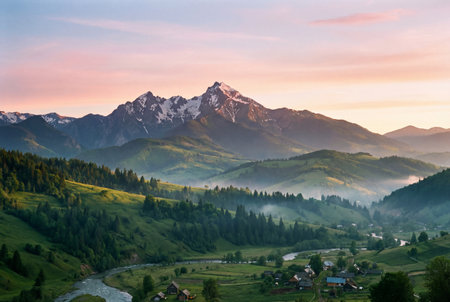 A majestic mountain landscape features a high snowy peak towering above rolling green hills and a winding river flowing through a quiet village at sunrise.の素材
