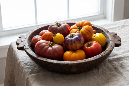 A rustic wooden bowl filled with fresh colorful heirloom tomatoes sits on a beige linen tablecloth next to a bright window with natural light illuminating water drops on the ripe organic vegetables.の素材