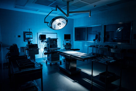 An empty modern operating theater featuring a surgical table and advanced medical equipment bathed in dramatic cool blue lighting ready for an urgent medical procedure in a sterile hospital environment.の素材