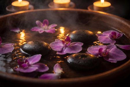 Close up of wet black basalt massage stones and vibrant purple orchid flowers floating in a dark wooden bowl filled with warm water while soft candlelight glows in the misty backgroundの素材