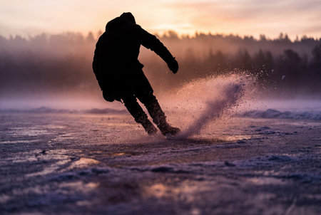 Silhouette of an active ice skater carving a sharp turn on a frozen lake surface while spraying ice crystals into the air during a misty and colorful winter sunset with a forest background.の素材