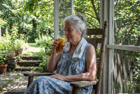 A relaxed elderly woman with grey hair sits on a wooden rocking chair on a screened porch while drinking a glass of cold iced tea with a white towel draped around her neck to cool off during summer.の素材