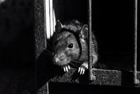 A dramatic black and white close up view of a curious rat gripping rusty metal bars while looking out from darkness into a sliver of bright harsh light.の素材
