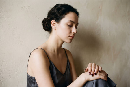 A peaceful young woman with dark hair in a bun sits quietly with closed eyes against a textured beige wall while wearing a soft grey silk camisole and resting her hands gently on her legs.の素材