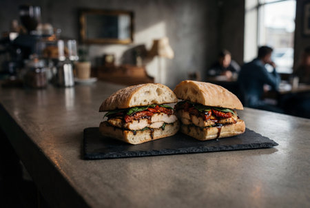 Gourmet grilled chicken sandwich with sun dried tomatoes, basil and balsamic glaze sits on a black slate board on a concrete counter inside a busy cafe with blurred customers in the background.の素材