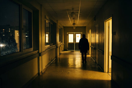 A mysterious silhouette of a man in a hat walks down a long dimly lit corridor with yellow light towards double doors while rain streaks the glass windows on the left side.の素材