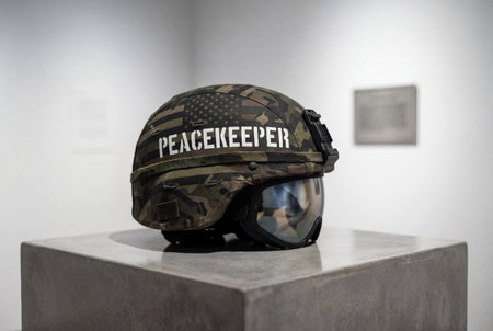 A camouflage combat helmet featuring the word peacekeeper stenciled in white letters sits on a concrete pedestal in a clean white gallery setting with blurred background placards.の素材
