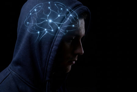 A serious young man in a dark hoodie looks forward in profile while a glowing blue digital brain with illuminated synaptic connections overlays his head against a black background.の素材