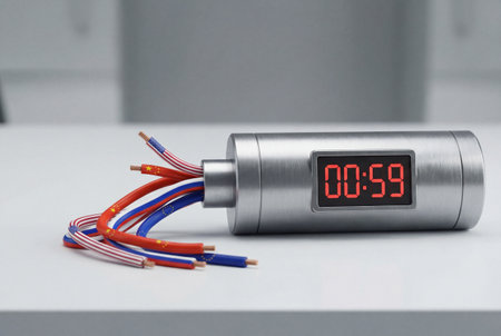 A metal time bomb sits on a white surface featuring wires colored like flags of the USA china russia and the european union while a digital timer displays less than one minute remaining.の素材