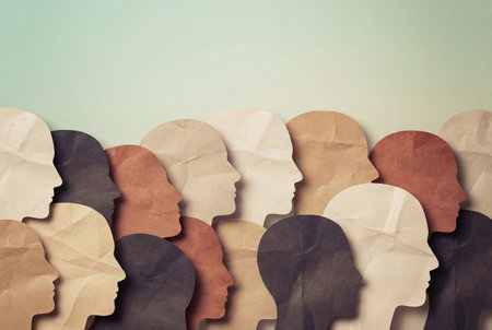 Cutout paper profiles of heads in various skin tones arranged together to represent multicultural diversity, social inclusion and racial equality within a community.の素材