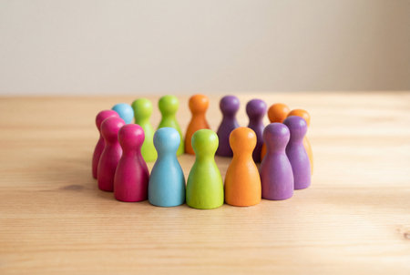 A group of multicolored wooden pawn figures stands closely together in a circle on a light wooden table to symbolize community unity and diverse teamwork in a supportive organized environment.の素材
