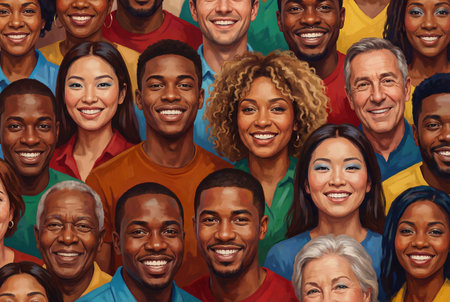 A vibrant collage of diverse smiling faces of men and women from different ethnic backgrounds and ages gathered to represent global unity and happy community spirit.の素材
