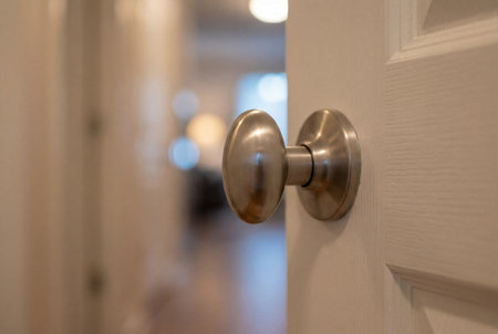 Brushed metal doorknob on an open white wooden door reveals a soft focus hallway background with warm lights inside a contemporary residential home interior.の素材