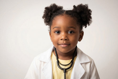 A happy young black girl dressed in a white medical lab coat and stethoscope smiles gently while posing against a clean white studio background representing childhood dreams.の素材