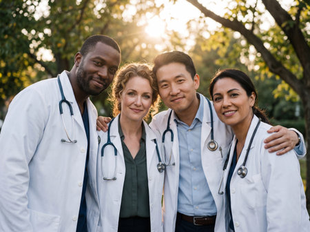 Portrait of a diverse group of four happy medical doctors standing close together outdoors in a sunlit park wearing white lab coats and stethoscopes while looking directly at the camera with smiles.の素材