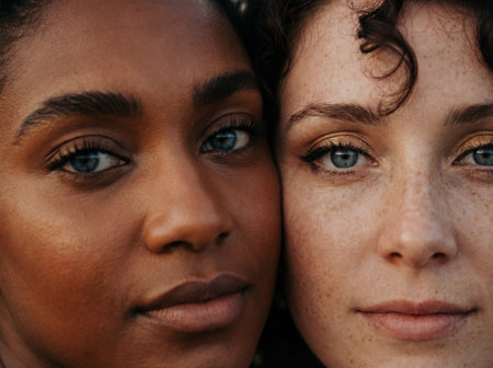 An intimate extreme close-up portrait of two diverse women's faces, closely juxtaposed, highlighting their unique skin tones and eye colors, emphasizing natural beautyの素材