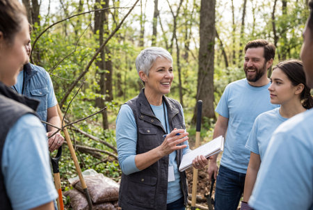 A smiling senior woman holds a notepad and instructs a diverse group of happy volunteers wearing matching blue t shirts while holding shovels during a community environmental cleanup in a forest park.の素材
