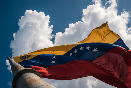 Low angle view of the yellow, blue, and red venezuelan flag waving on a metal pole against a bright blue sky with dramatic, white cumulus clouds on a sunny day.の素材