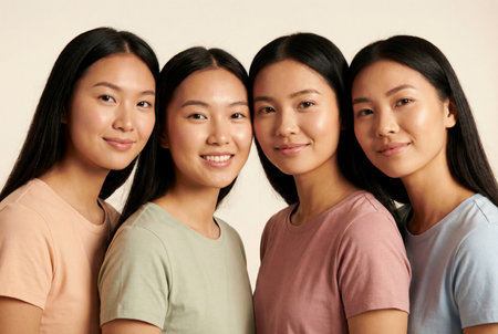 Four attractive young asian women with long straight black hair and radiant healthy skin stand close together in a row wearing casual pastel colored t shirts while smiling gently at the camera.の素材