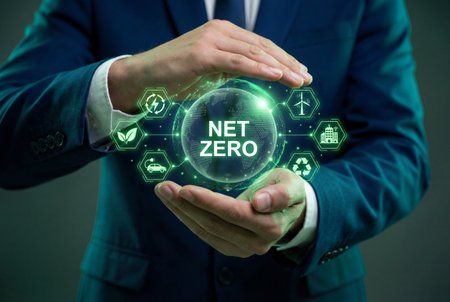 A businessman in a blue suit holds a glowing digital globe hologram featuring net zero text surrounded by green icons for renewable energy, recycling, and electric vehicles on a dark background.の素材