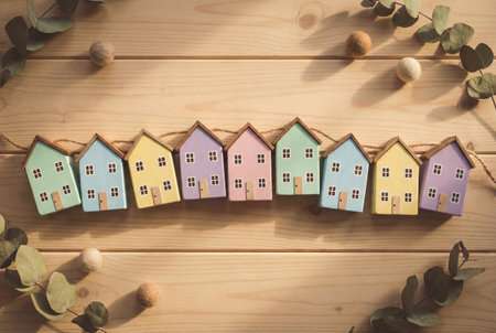Nine small painted wooden houses hang on a twine garland across a light timber surface surrounded by green eucalyptus branches and wool balls for a cozy real estate or neighborhood concept.の素材