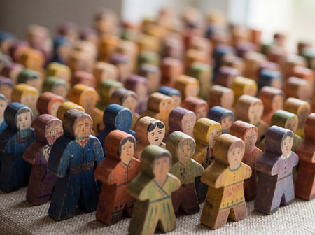 A dense collection of painted wooden people figures stands arranged in multiple rows with selective focus on the front line to illustrate concepts of diversity and population.の素材