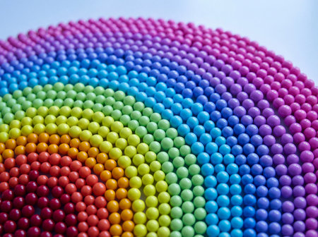 Many small glossy round balls arranged in concentric arcs creating a vibrant and organized rainbow color gradient that flows from deep red to bright violet tones.の素材