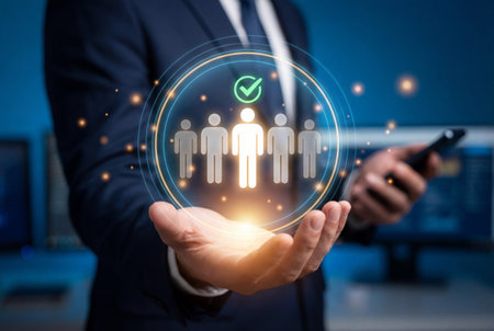 A corporate manager holds a virtual interface showing human figures with a checkmark on the central person symbolizing employee selection and hiring processes in a modern business environment.の素材