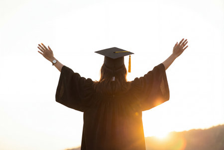 Rear view of a female graduate student raising her arms in triumph while wearing a black gown and cap against a bright golden sunset sky to celebrate her academic success and future achievements.の素材