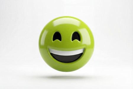 Glossy green ball character featuring a wide toothy smile and joyful expression isolated on a plain white background for concepts of happiness and success.の素材