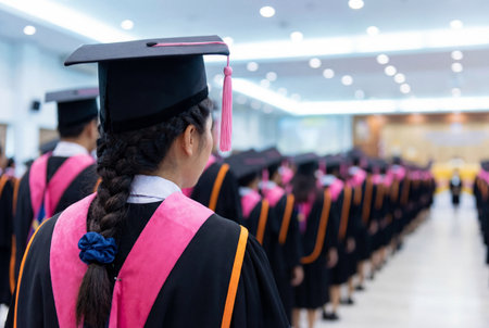 A female university graduate with long braided hair stands in a row wearing a black gown and mortarboard cap with pink tassel during a formal commencement ceremony in a bright auditorium hall.の素材
