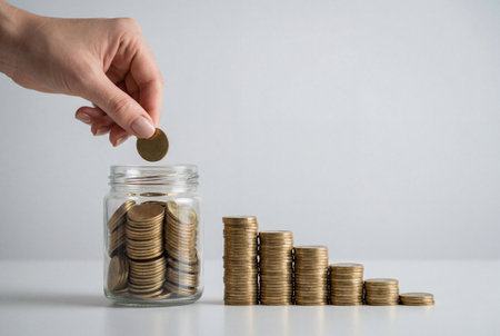 A female hand places a gold coin into a transparent glass jar filled with money while standing next to several stacks of coins arranged in descending height order on a white table.の素材