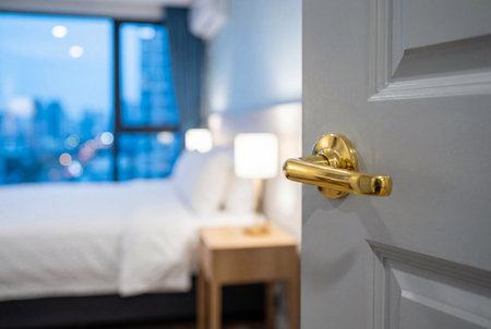 Opened white wooden door with a shiny golden handle revealing a blurred modern bedroom interior featuring a comfortable bed and nightstand with a lamp near a window with city lights.の素材