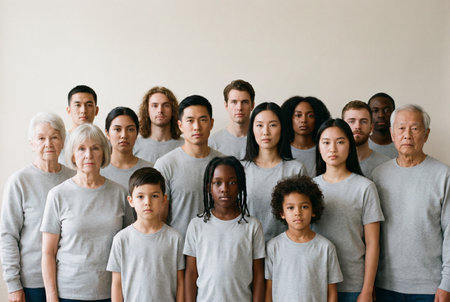 A large multiethnic group of men women and children of different ages stands together in a studio wearing matching grey shirts while looking directly at the camera with serious expressions.の素材