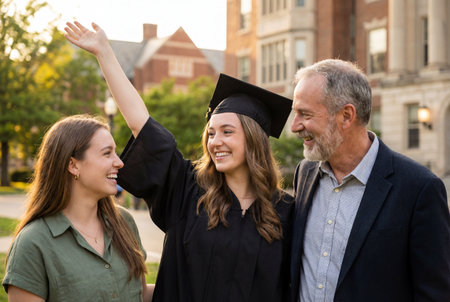 A joyful graduate woman in a cap and gown celebrates her achievement with her proud father and sister outdoors on a university campusの素材