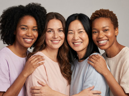A diverse group of four beautiful young women smiling and hugging each other tightly while looking directly at the camera isolated on a grey backgroundの素材