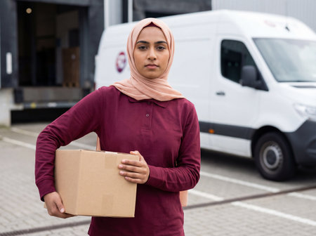 Professional young muslim woman wearing a hijab and maroon uniform holds a cardboard box while standing in front of a white delivery van at a logistics warehouse loading dock.の素材