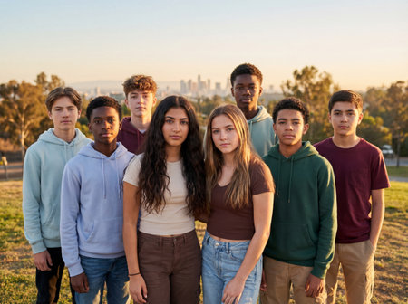 Group of eight multiethnic teenagers stands together on a grassy hill looking forward with serious expressions during a golden sunset with a city skyline in the background.の素材
