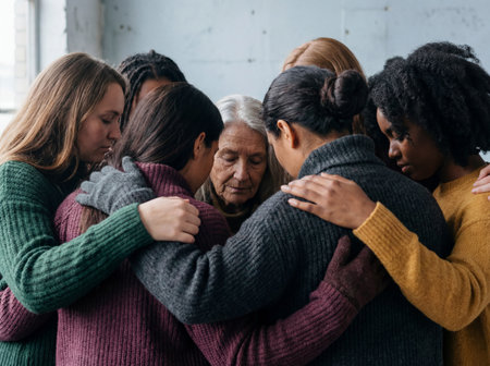 A diverse group of women of different ages and ethnicities stands together in a tight circle hugging and bowing their heads to offer comfort, strength, and emotional support to one another indoors.の素材