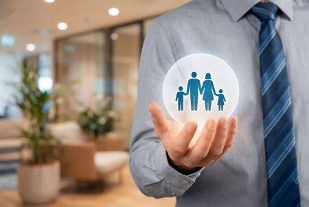 A businessman in a shirt and tie holds a glowing virtual family icon in his palm to represent life insurance coverage and security protection for parents and children.の素材