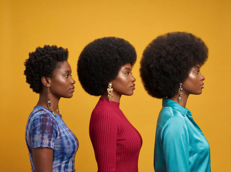 Three confident black women stand in a row showing side profiles and wearing colorful tops while displaying various natural afro hairstyles against a bright solid yellow background in a studio.の素材