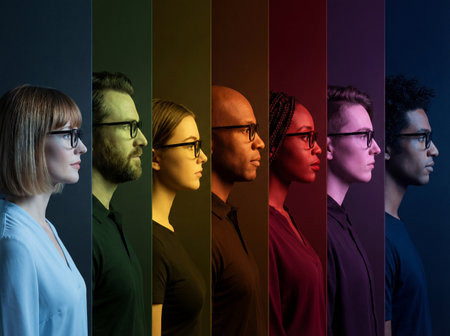A diverse group of seven adults wearing glasses stand in profile view inside vertical colored panels representing teamwork vision and multicultural inclusion.の素材