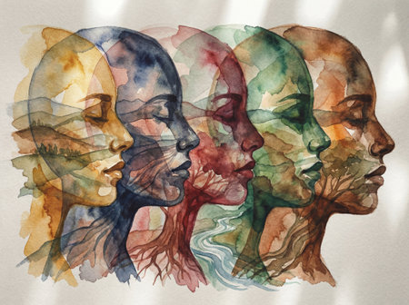 Five colorful watercolor profiles face right and blend with natural landscapes like forests rivers and roots to symbolize the deep connection between humanity and nature.の素材