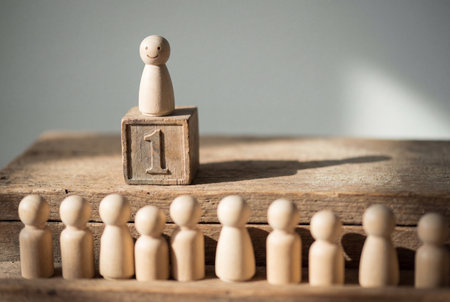 A single wooden peg doll stands atop a tall, single '1' wooden block, with a blurred row of other peg dolls in the backgroundの素材