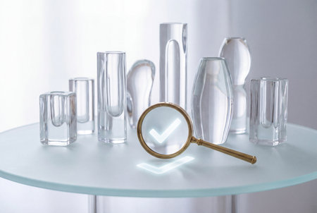 A magnifying glass with a glowing checkmark hovers over a collection of clear glass objects, symbolizing quality control and approval on a bright, reflective surfaceの素材