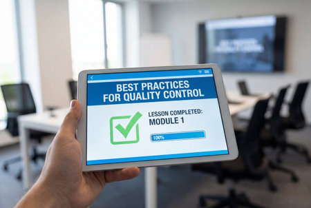 Closeup of a hand holding a tablet showing a completed quality control training lesson with a green checkmark and progress bar in a modern corporate office meeting room background.の素材