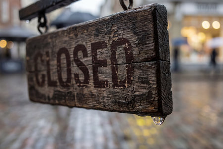 A weathered wooden sign with the word closed painted on it hangs outdoors in the rain featuring a single water droplet dripping from the corner against a blurred wet street background with city lights.の素材