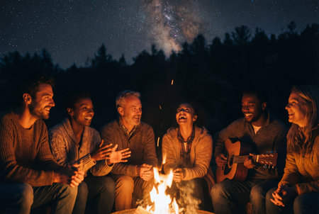 A cheerful multi ethnic group of friends sits around a warm campfire at night laughing and singing while a man plays an acoustic guitar under a beautiful starry sky and milky way galaxy.の素材